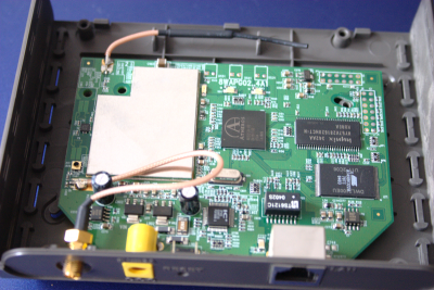 DWL-2100AP PCB with four modifications: Three solder bridges and one soldering attempt at JP1 pin 2