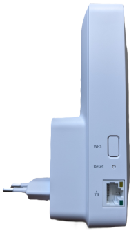 Picture show the left side of the devices. The ethernet port and the reset and WPS-buttons are visible.